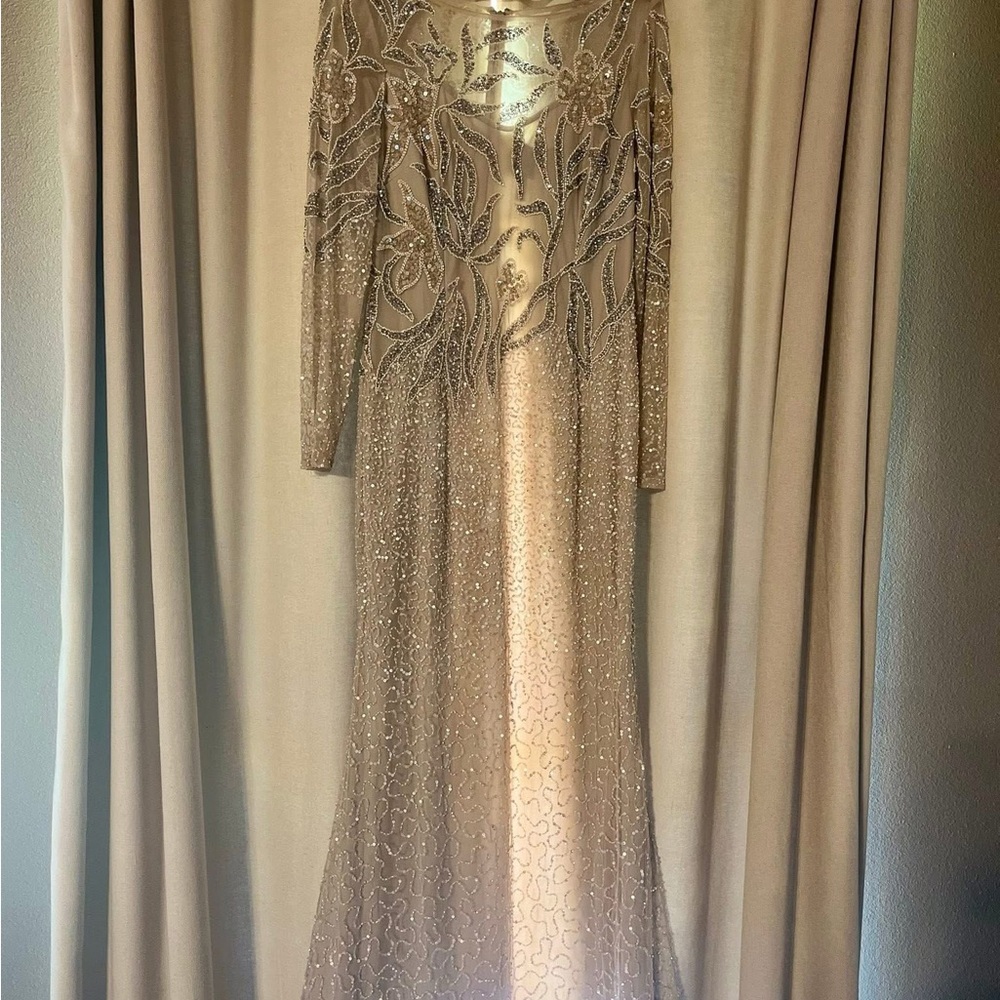 Adrianna Papell Champagne Beaded Long Sleeve Evening Gown